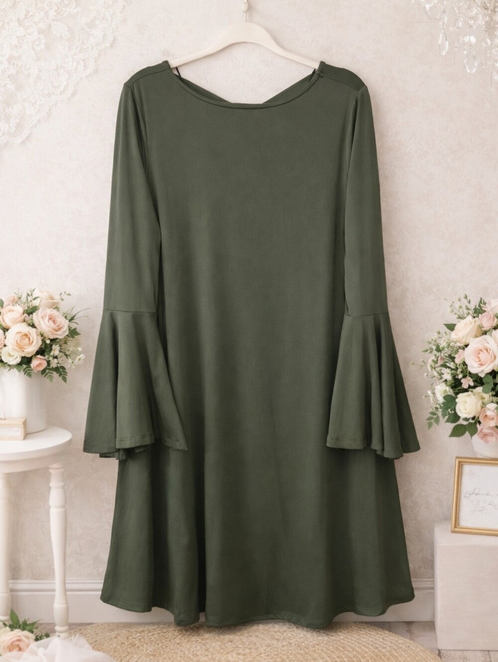 Altar'd State Olive Bell-Sleeve Shift Dress With Stretch Size Small